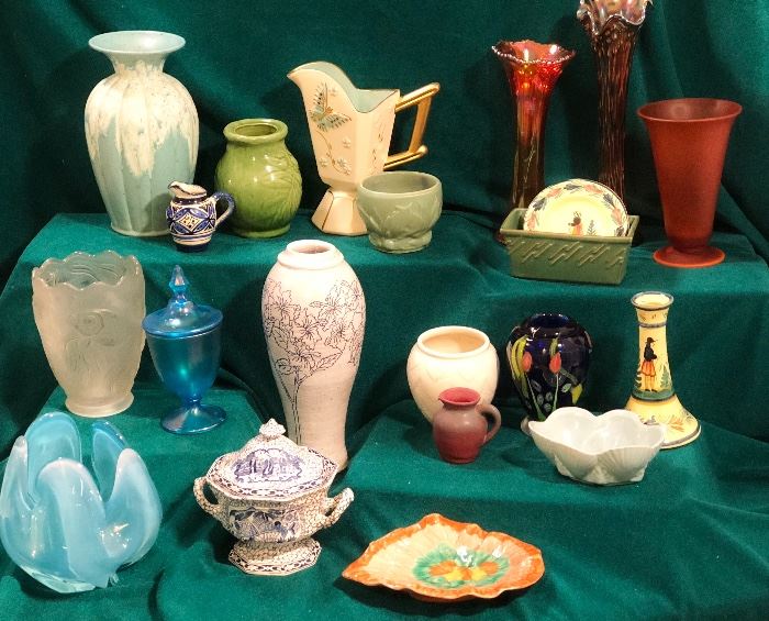 This estate includes pottery by a wide range of American  potteries including McCoy, Van Briggle, Hull, Roseville and others.  Their collection includes many items of carnival, stretch, uranium and hand-blown art glass.