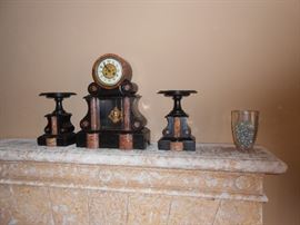 French Victorian Japy Freres 3 piece black/marble/slate mantle clock set. The chime is very soft.