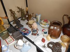 Match safes, book ends, crock, metal vase etc