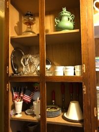 antique kerosene lamp,wine bottle holder, ramekins, brass candle holders, milk glass vase