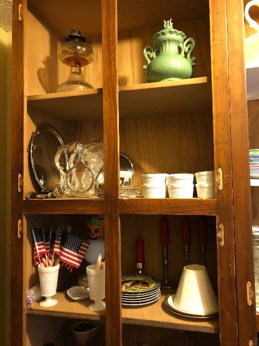 antique kerosene lamp,wine bottle holder, ramekins, brass candle holders, milk glass vase