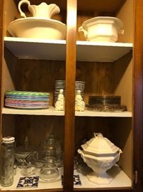 white bowl & pitcher set, soup turines,melmac plates, cake stands