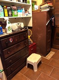 chest, file cabinets, step stool, cleaning supplies