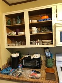 toaster oven, antique pitcher, muffin tin, salt & pepper shakers