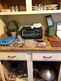 pots & pans, toaster oven, rosemary topiary ,wok, silverware