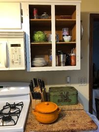 knife block, casserole pot, antique bread box