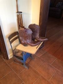 vintage child's school desk, cowboy boots