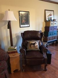 leather recliner chair,floor lamp, magazine holder end table, stacked chest