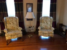 pair wing back chairs,  mid century  modern book case, floor lamp