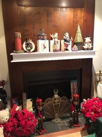 antique brass fireplace screen, christmas decor, large nutcrackers