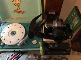 cameras, vintage child's record player
