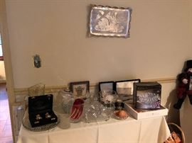 crystal dishes, vintage aluminum tray, silver items