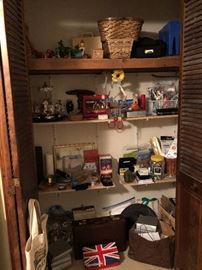 brief case, office supplies, craft supplies, circus carousel, vintage wooden toys,gift bags, candles cabbage patch doll clothes,Rambo lunch box with thermos, baskets, witch's hat, sewing supplies