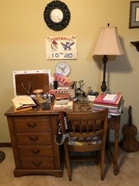 Taylor- Link desk and chair, office supplies, Georgia-Auburn vintage posters, lamp, Dell laptop replaceable cover