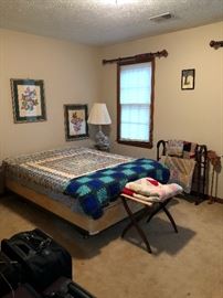 full size bed, antique quilts, luggage rack, quilt rack, pictures,afghan, luggage, lamp