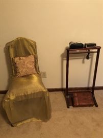 straight chair with cover, valet stand, clock, cedar box