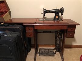 singer treadle sewing machine, luggage