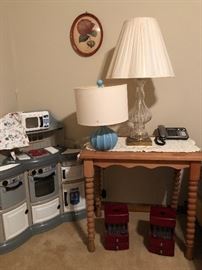 child's kitchen set,apron, change sorters, lamps, dresser scarf,antique table, antique rose picture, telephones