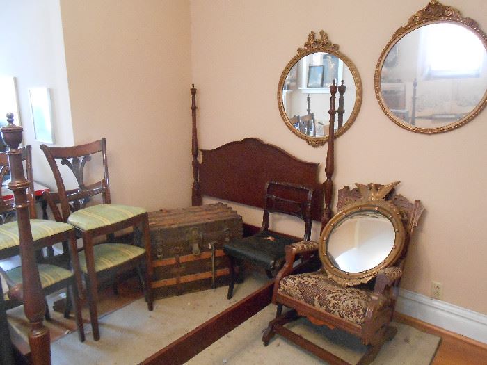 We have 6 dining chairs, trunk, Ornate round mirrors 4-poster bed

