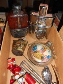 1800's glass flask, vintage bell, vintage golfers flash, chrome flask