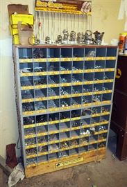 KIMBALL MIDWEST PARTS ORGANIZER AND CONTENTS, SCREWS, BOLTS, NUTS, WASHERS, HOSE CLAMPS AND MORE, 43"H X 35.25"W X 12"D