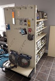 RETAIL DISPLAY RACK, ADJUSTABLE SHELVES, DOUBLE SIDED WITH END CAP 71"H X 38.5"W X 51.5"D, INCLUDES SOME DISPLAY HOOKS