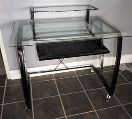 ROLLING GLASS TOP WORK STATION WITH KEYBOARD TRAY 36"H X 36"W X 21"D WITH EXTRA GLASS TOP