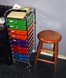 ROLLING ORGANIZER RACK WITH 10 TRAYS, FILE SORTERS, WOODEN STOOL, OFFICE SUPPLIES AND MORE