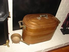 Very Large Copper Coal Bin, Cast Iron Pot