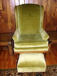 Mid Century Modern Wing Back Chair with Matching Footstool in an Avocado Velvet
