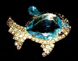 Vintage Rhinestone and Glass Fish Brooch