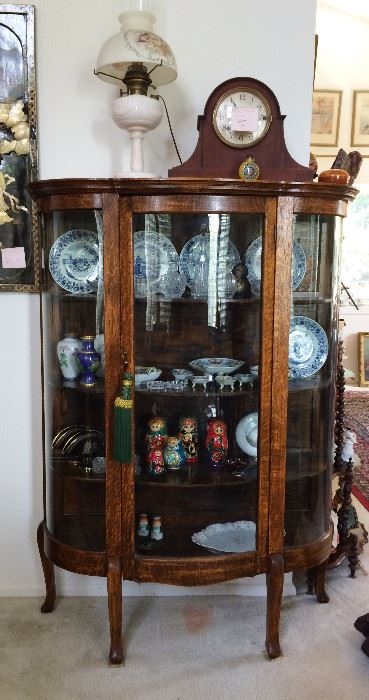 Gopal tiger oak display, Lincoln Drape converted Oil Lamp,  Seth Thomas mantle clock