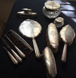 11 piece Sterling Silver dresser set with cut glass powder and rouge jars