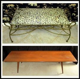 Animal Print Fabric Covered Bench and Mid Century Modern Coffee Table 