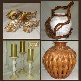 Decorative Fish, Urn, Candle Holders and Woven Vase 