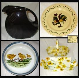 Fiesta Ball Pitcher, Poppytrail Rooster Dish, German Baby Bowl with Chicks and 2 pc Flower Basket and Tray 