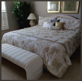 Elegant Master Bedroom, Very High End Mattress & Box Spring, Padded Bench, Large Faux Plant, Custom Made Bed Linens  and Pretty Pillows 