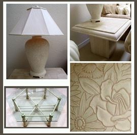 Gorgeous Lamp showing Detail in Bottom Right Photo, Solid Marble 2 Piece Table and Lovely Glass Top with Metal Base Coffee Table