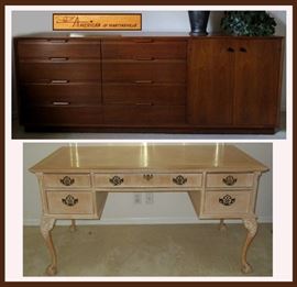 Mid Century Modern Dresser by American of Martinsville and Nice Writing Desk with Claw Feet 