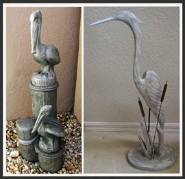 Pelican Yard Art and Wooden Heron 