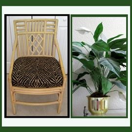Rattan Chair with Animal Skin Inspired Fabric and Nice Faux Plant 