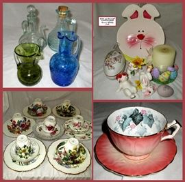 Small Glass Pitchers, Fitz and Floyd Funny Bunnies and Collection of Elegant Tea Cups and Saucers 
