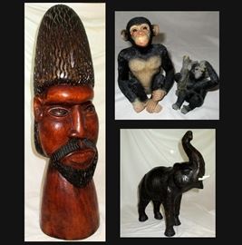 Tall African Inspired Statue, Small Monkeys and Elephant 