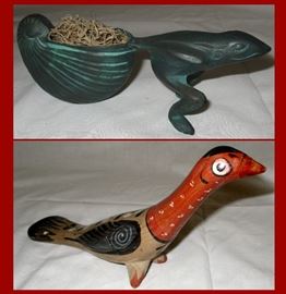 Wonderful Little Cast Iron Frog  with Shell Planter and Pretty Bird 