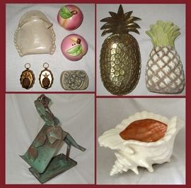 Wall Pocket, Apple Salt and Pepper, Tiny Pineapple Molds, Pineapple Brass Dish and Candle, Birdhouse and Shell Planter  