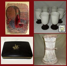 Framed Wine Poster, Set of 6 HALL Irish Coffee Cups, Men's Jewelry Box and Woven Vase 