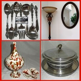Oneida Serving Pcs, part of a Complete Flatware Set, Attractive Floor Lamp and Mirror, Vintage Ceramics and Serving Pcs 