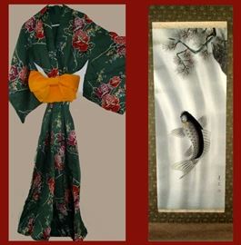 Kimono with Obo and Tall Signed Koi Painting