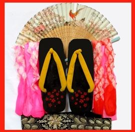 Fan, Japanese Geta Clog Sandals and Vintage Beaded Belt