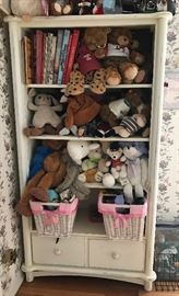 This bookshelf matches the dresser. Some of the dolls and stuffed animals will be for sale.